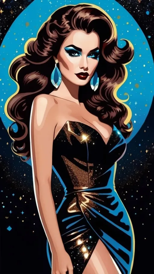 Prompt: illustration pop art style, full body image, beautiful goddess of darkness, long wavy brown hair that's half swept up, dark glittery movie star makeup, black (#0b0f0f) lace, magically controlling and enchanting the mystical shadows and spirits that dance around her with the dark magic dancing from her fingertips
