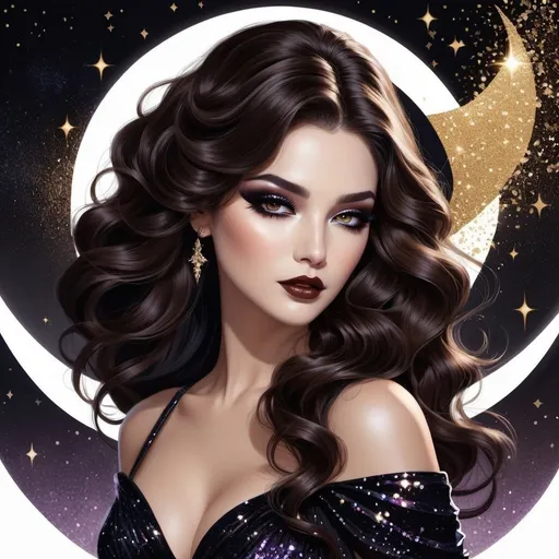 Prompt: illustration style, full body image, solo beautiful goddess of darkness, long wavy brown hair that's half swept up, dark glittery movie star makeup, black (#0b0f0f) lace, magically controlling and enchanting the mystical shadows and spirits that dance around her with the dark magic dancing from her fingertips
