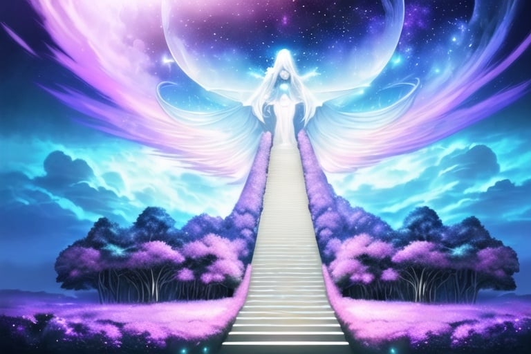 Prompt: Outside, an illustration concept art the beautiful, heavenly, and ethereal and very very long marble Stairway to Heaven that ascends upward through the fluffy clouds to the exquisite Pearly Gates of Heaven, magical aura, bright, bold, heavenly colors that radiate, shooting stars, masterpiece, 8k resolution astral, luminescent, hyperdetailed, detailed, serene, mystical, magical, celestial
