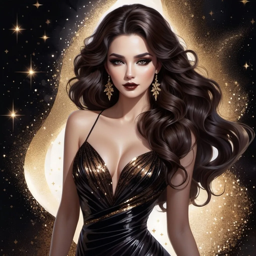 Prompt: illustration style, full body image, solo beautiful goddess of darkness, long wavy brown hair that's half swept up, dark glittery movie star makeup, black (#0b0f0f) lace, magically controlling and enchanting the mystical shadows and spirits that dance around her with the dark magic dancing from her fingertips
