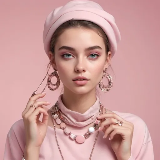 Prompt: ultra realistic fashion girl using accesories. soft pink 
abstract mate background