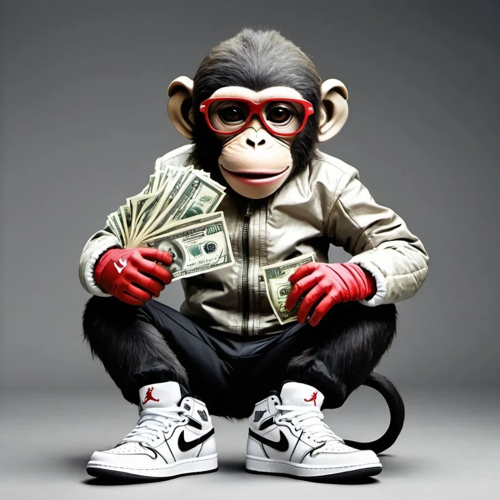 Prompt: A humanoid monkey wearing nike jordan 1 with A LOT OF MONEY