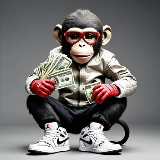 Prompt: A humanoid monkey wearing nike jordan 1 with A LOT OF MONEY