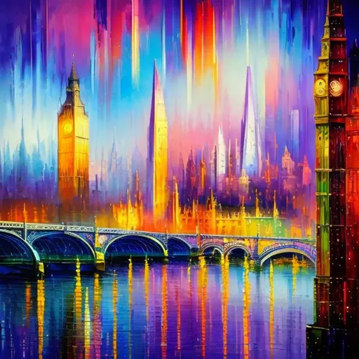 Prompt: Mystical and futuristic impressionist painting of London, vibrant and dreamy brushstrokes, iconic landmarks blending with futuristic architecture, ethereal lighting, dreamlike atmosphere, oil painting, impressionism, London, futuristic, vibrant brushstrokes, dreamy, iconic landmarks, ethereal lighting