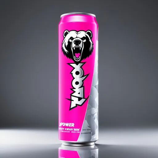 Prompt: Xpower energy drink, taffy pink and cloud grey colore,grizzly bear reflected lightly.