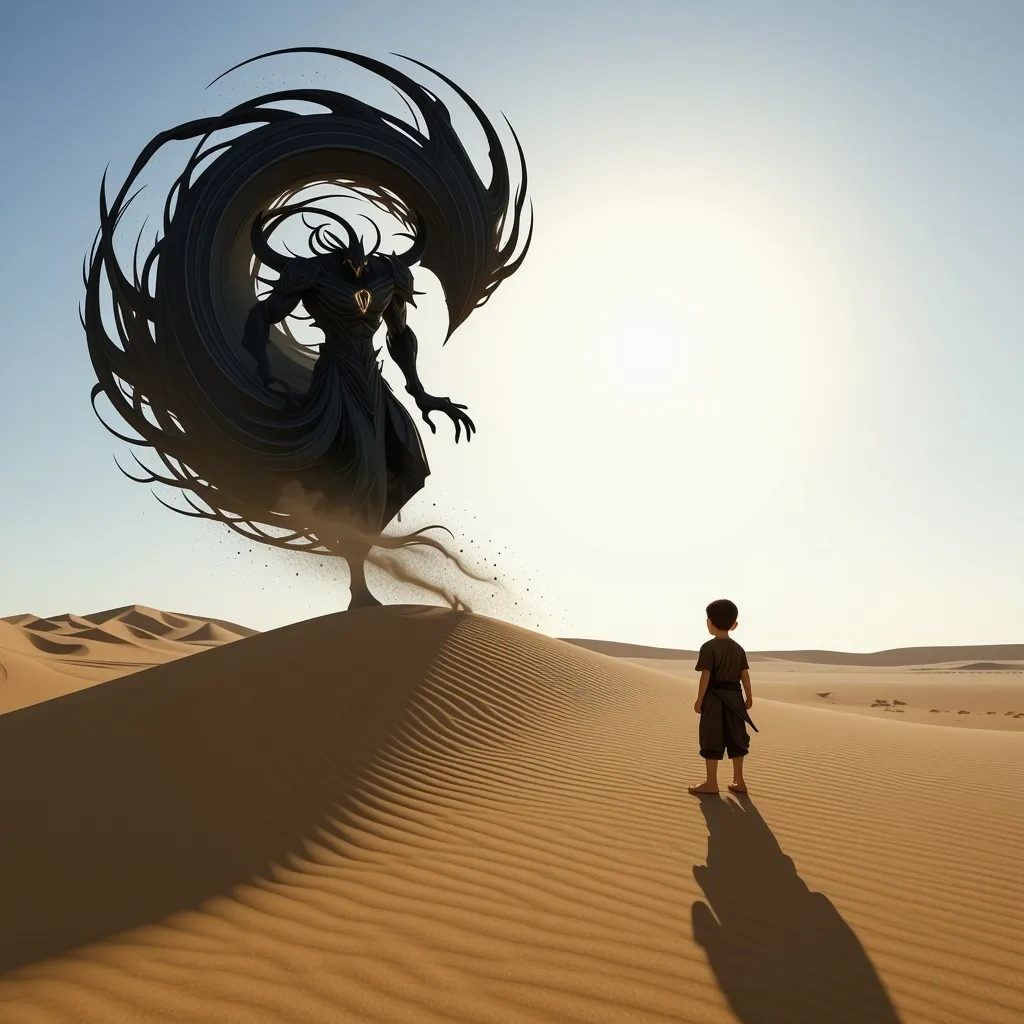 Prompt: a halfling is standing on a desert sand dune, with a malevolent Djinn swirling behind him blocking out the sun
