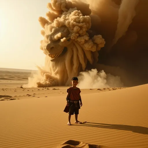 Prompt: a halfling is standing on a desert sand dune, with a malevolent Djinn swirling behind him blocking out the sun. a sandstorm rages in the distance coming closer.
