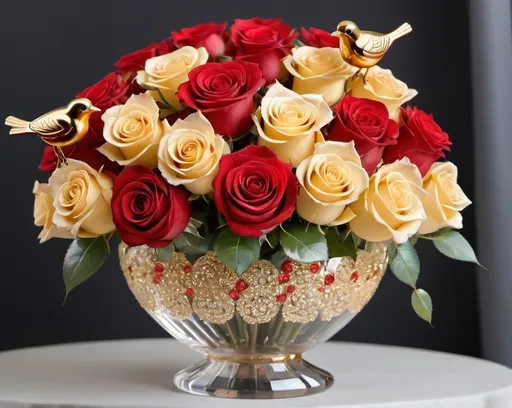 Prompt: a large bouquet of gold and red roses in a crystal vase, with nice bird  dreamy for birthday 