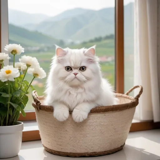 Prompt: A little cute white baby Persian cat sitting in a busket in a beautiful room big window side, with flowers valley hills ground is visible from the window 