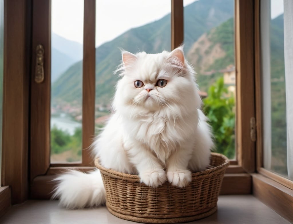 Prompt: Acute white baby Persian cat sitting in a busket in a beautiful room big window side, a riverside mountain Village view from the window 