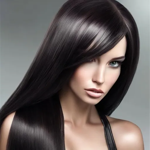Prompt: Hyper realistic women with long straightened hyper realistic hair with detailed shine