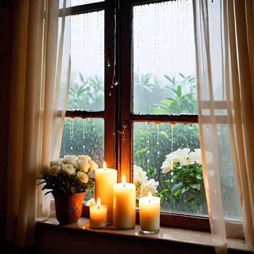 Prompt: Rain through the windows with curtains, in india cozy vibe, white flower bushes are visible through the window. Candles on the window sill 
