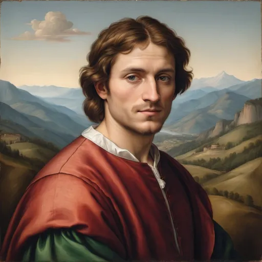 Prompt: "A painted portrait of a man in the style of Italian Renaissance painter Raphael with mountains in the background add clarity, rich color, effortless composition, and grandeur