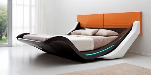 Prompt: futuristic bed in a bed room. Have the bed be curved and look like it can fold up