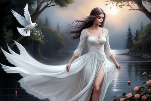 Prompt: Woman in white dress, flowers, sailboat, bird flying, Anne Stokes, photorealistic painting, misc-gothic, fantasy art, fantasy artwork, detailed lace, flowing gown, ethereal atmosphere, bird in flight, atmospheric lighting, dark tones, professional, highres, ultra-detailed