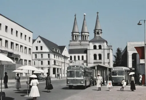 Prompt: In Maurilia, the traveler is invited to visit the city 
and, at the same time, to examine some old post 
cards that show it as it used to be: the same identical square with a hen in the place of the bus station, a bandstand in the place of the overpass, two 
young ladies with white parasols in the place of the 
munitions factory.