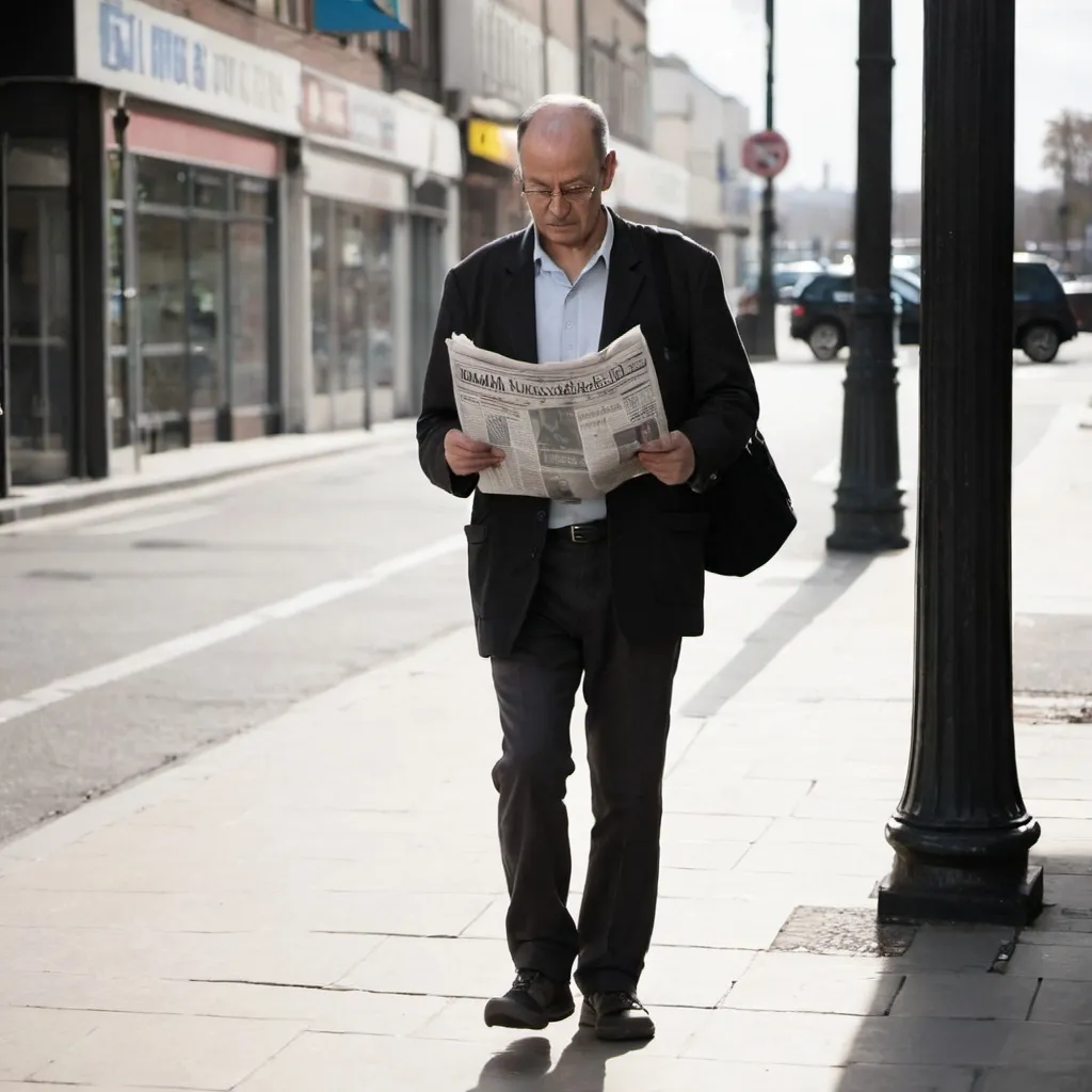 Prompt: Man walking reading newspaper