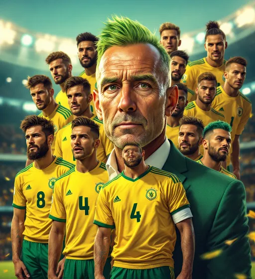 Prompt: A well detailed soccer squad made up of 15 handsome skillful players with their shirt numbers and the colour of their jersey is lemon green and a 53 year old coach with emerald green suit and white shirt and the captain of the squad should have a plated green hair and have shirt number 4