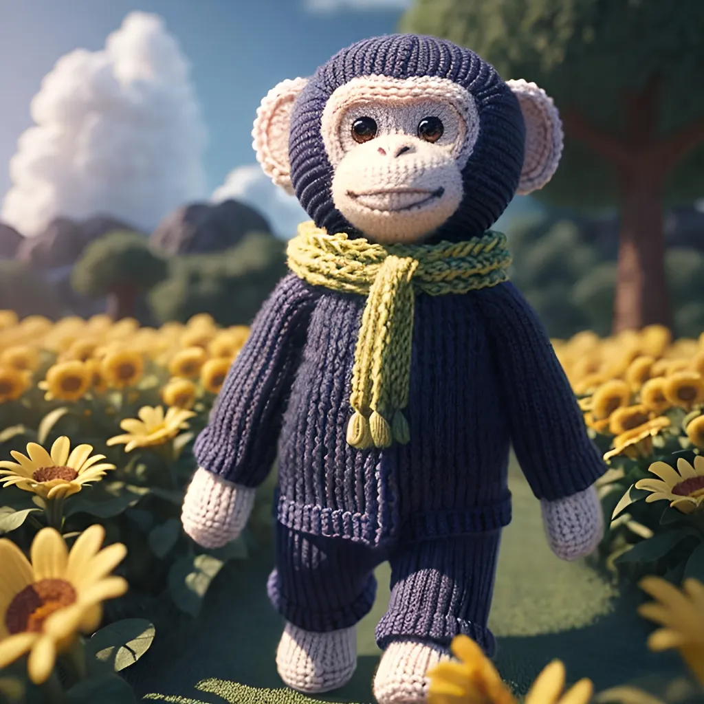 Prompt: Knitted toy monkey walks among knitted flowers under knitted clouds, close-up, 8k, 3D, digital painting, cinematic 4D rendering, super high quality textures, rich 3D rendering, octane render, unreal engine v5