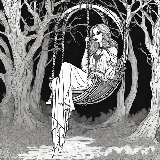 Prompt: beautiful gothic woman sitting on a creepy swing in a creepy forest, illustration, fantasy, dark, creepy, (coloring book page:1.3), black outline, white background, black outline only, black and white, (no color)