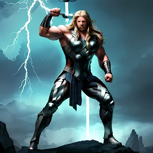 Prompt: Draw for me a picture of Thor with huge muscles with thunder background 
