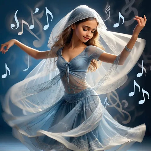 Prompt:  UNE JEUNE FILLE très belle,  QUI DANSE, corps entier, habillée de voiles, dans une lumière douce, entourée de note de musique dans des tons bleus.