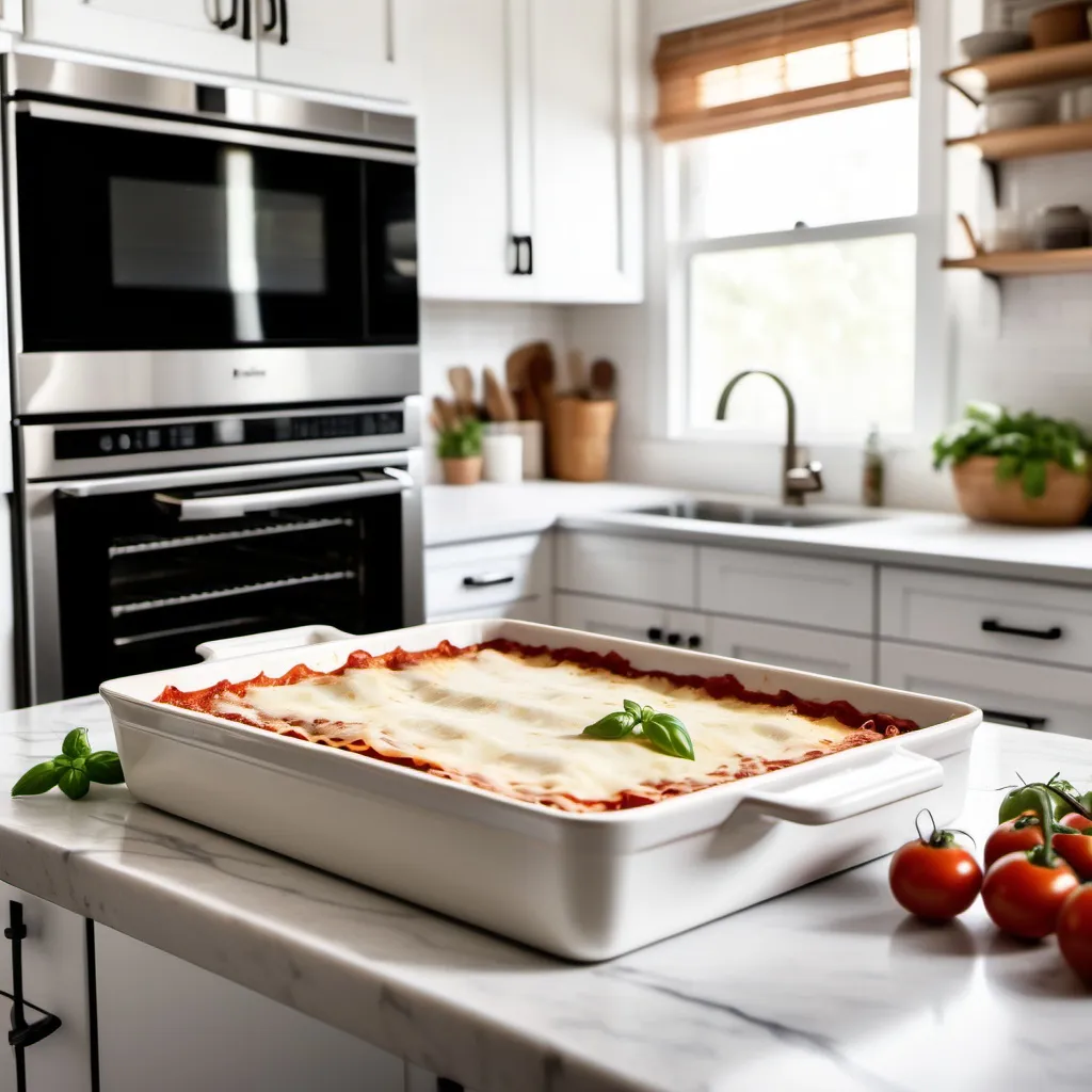 Prompt: An image of lasagne cooking in a light, airy kitchen. The kitchen has bright, natural lighting with white or light-colored cabinets and countertops. The lasagne is in a baking dish placed in the oven, with visible layers of pasta, cheese, and sauce. The kitchen features modern appliances, a wooden table with some fresh ingredients like tomatoes and basil, and a warm, inviting atmosphere