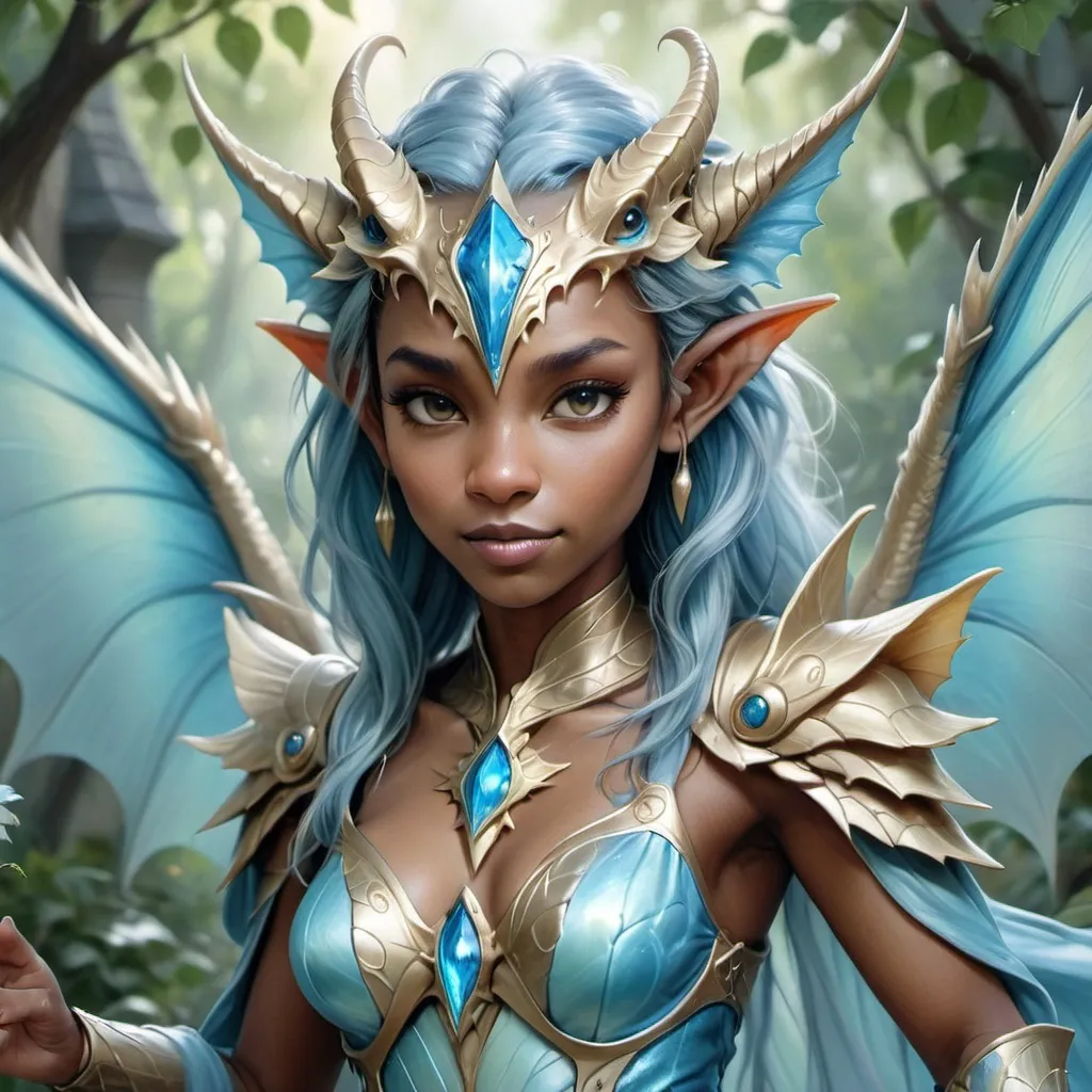 Prompt: airbrushed fairy dragon HD wallpaper in silver and azure with golden age aesthetics. the image should feature a beautiful black woman with strong facial expressions, fairycore elements, and azure tones