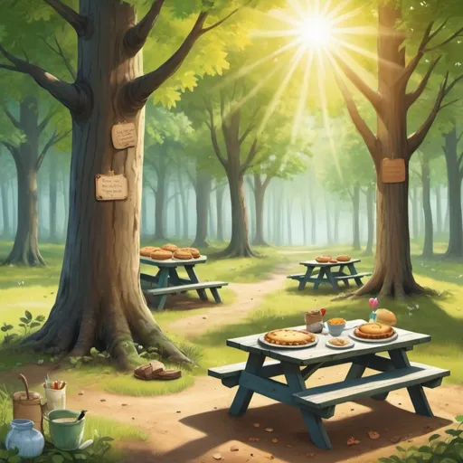 Prompt: create clipart of a sunny forest image wiith childrens poetry and art hanging on trees and on the forest floor with pies on picnic table