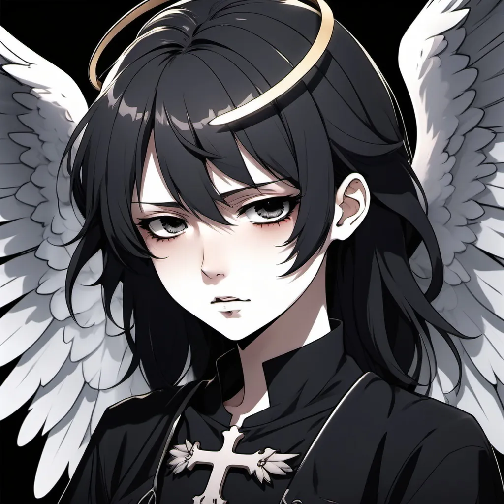 Prompt: anime style angel headshot of the dead with a black background and black clothes, almost undeadly