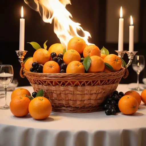 Prompt: An orange basket, on a beautiful banquet table full of fruits, on fire furiously
