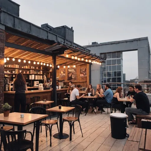 Prompt: a coffee shop with live music in the rooftop