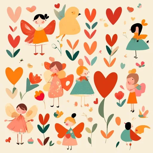 Prompt: illustration character design, cartoonish whimsical style. Little baby girl,bright colors simple shapes, love shapes, tulips shape, butterfly and birds shape in cream vintage background