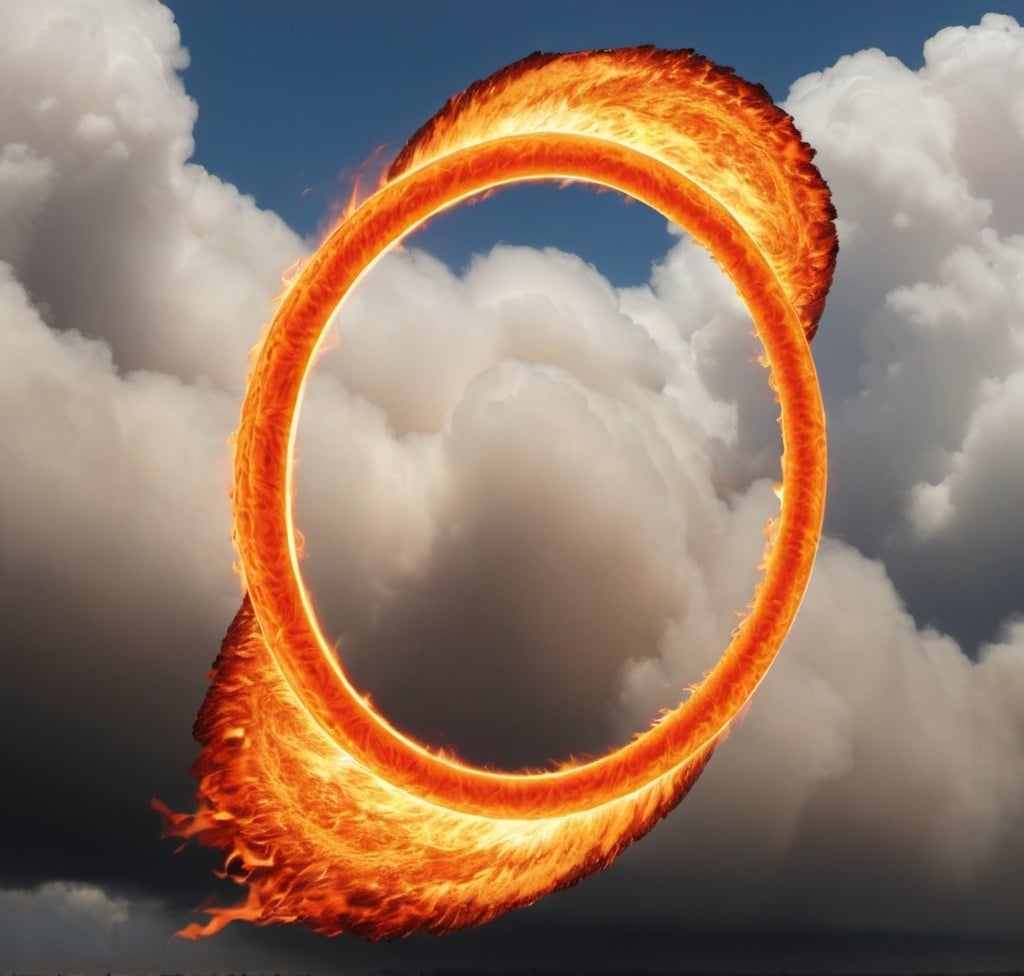 Prompt: A fiery blazing disc covered by fire all over it held by nothing in the white clouds and flying