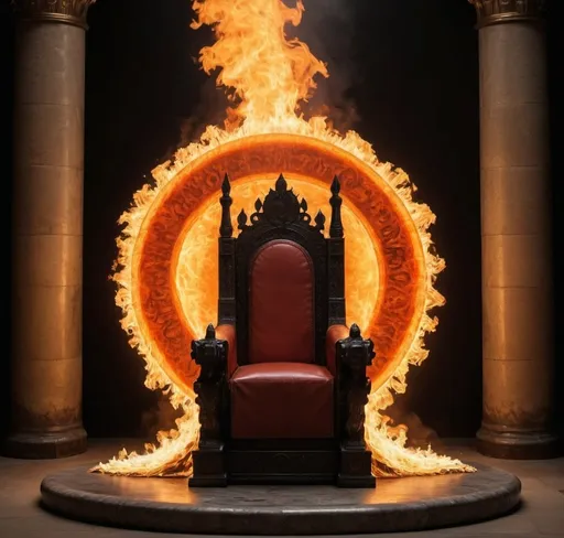 Prompt: A fiery blazing disc covered by fire all over held by nothing around a throne