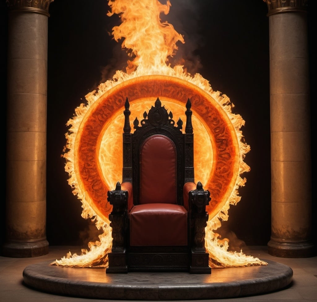 Prompt: A fiery blazing disc covered by fire all over held by nothing around a throne