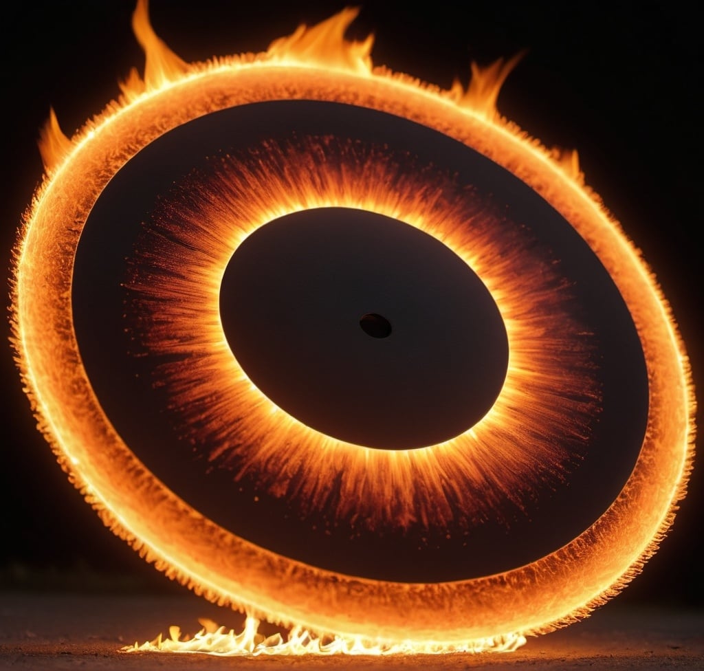 Prompt: A fiery blazing disc covered by fire all over it held by nothing in the air  and flying