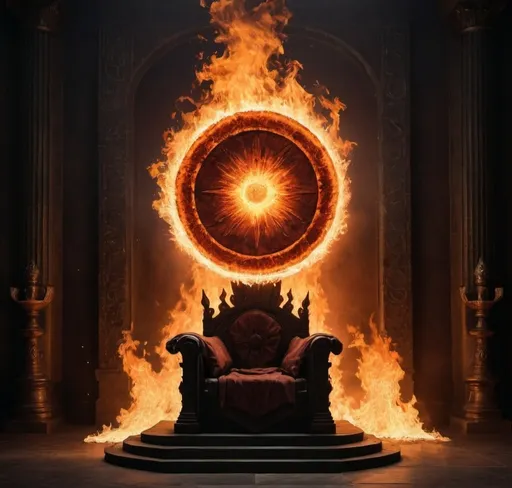 Prompt: A fiery blazing disc covered by fire all over held by nothing on top of the Throne of a King