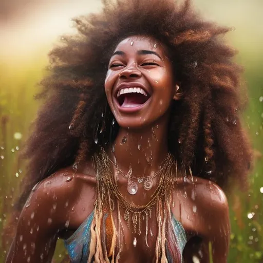 Prompt: Photo-realistic, 20-year-old afro queen woman dancing and laughing in the rain, flowered meadow, wet hair, wet clothes, wet skin, multiple necklaces, multiple bracelets, hippie style, natural beauty, joyful expression, raindrops on skin, radiant smile, high quality, photorealistic, vibrant colors, detailed textures, natural lighting