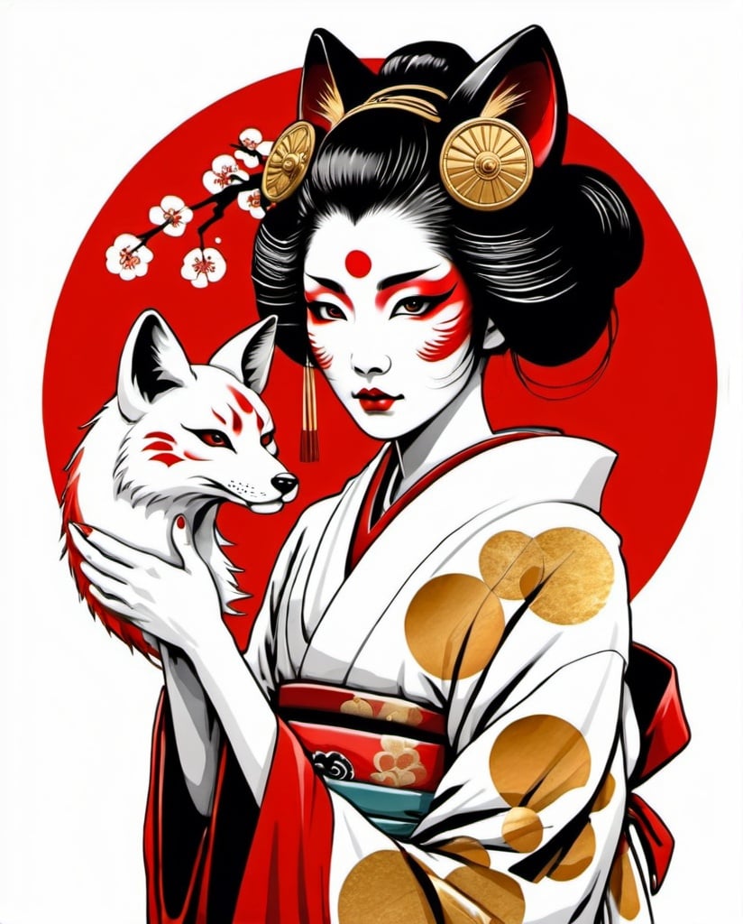 Prompt: geisha holding kitsune kabuki mask, intricate gold circle, white background, color drawing art