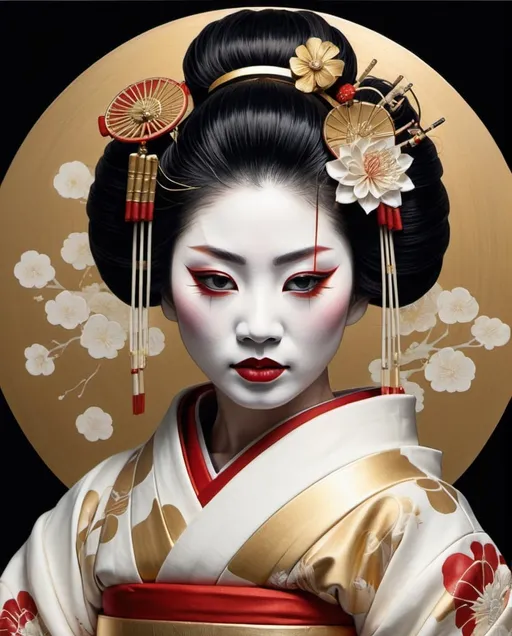 Prompt: Geisha with kabuki mask, intricate gold circle, white background, color drawing art, detailed facial features, delicate and graceful pose, traditional Japanese, high quality, detailed, color drawing, gold accents, white background, traditional attire, kabuki mask, intricate details, geisha, elegant, professional, artistic, intricate design, delicate lines, graceful, traditional art