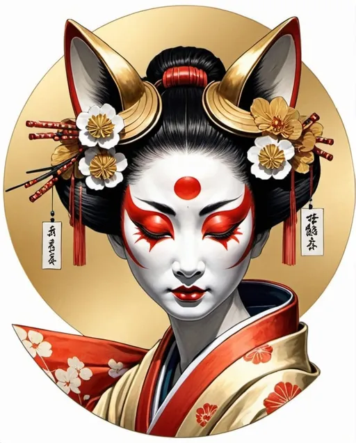 Prompt: geisha half wareing kitsune kabuki mask, color drawing art in gold circle ,on white background