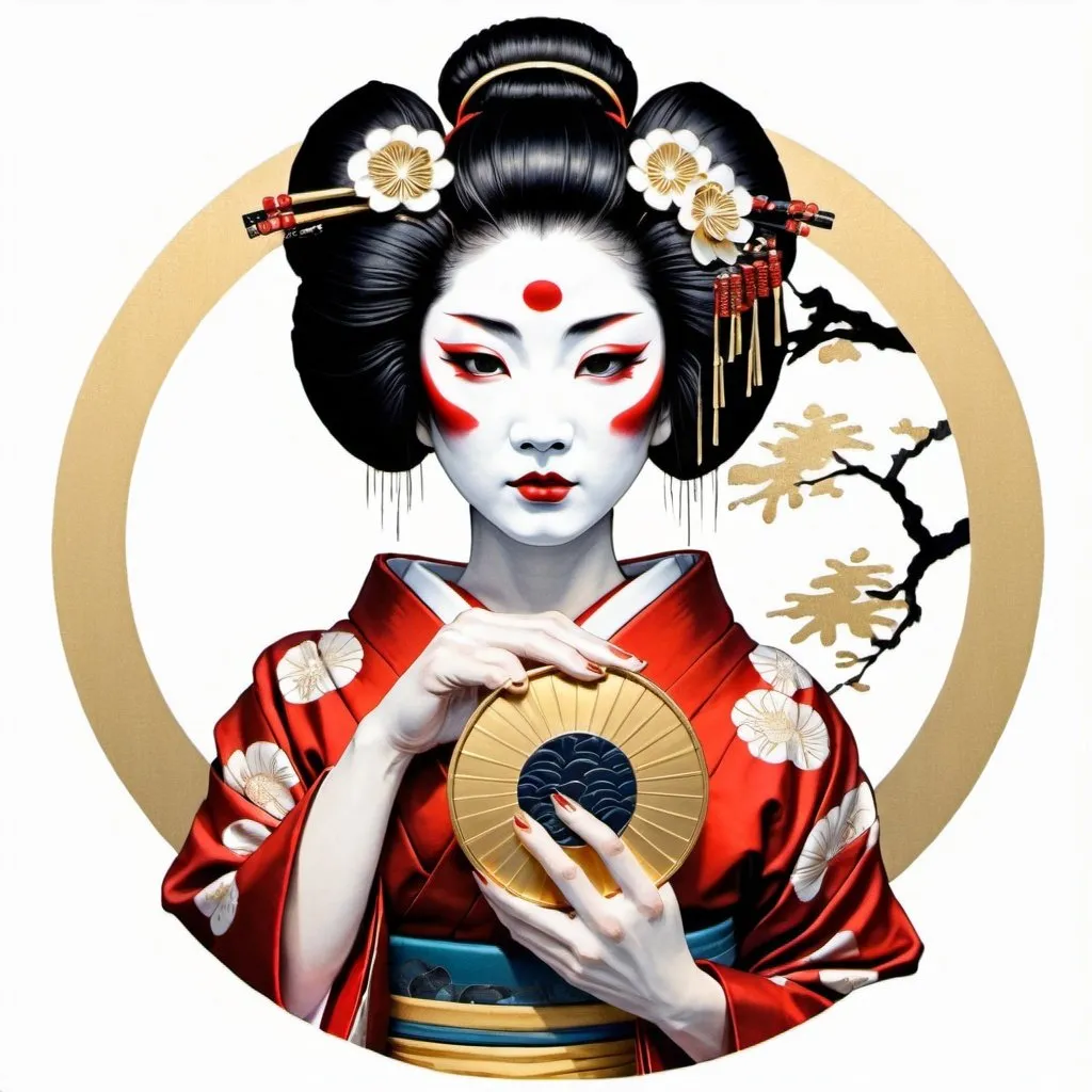 Prompt: geisha holding kabuki mask, intricate gold circle, white background, color drawing art