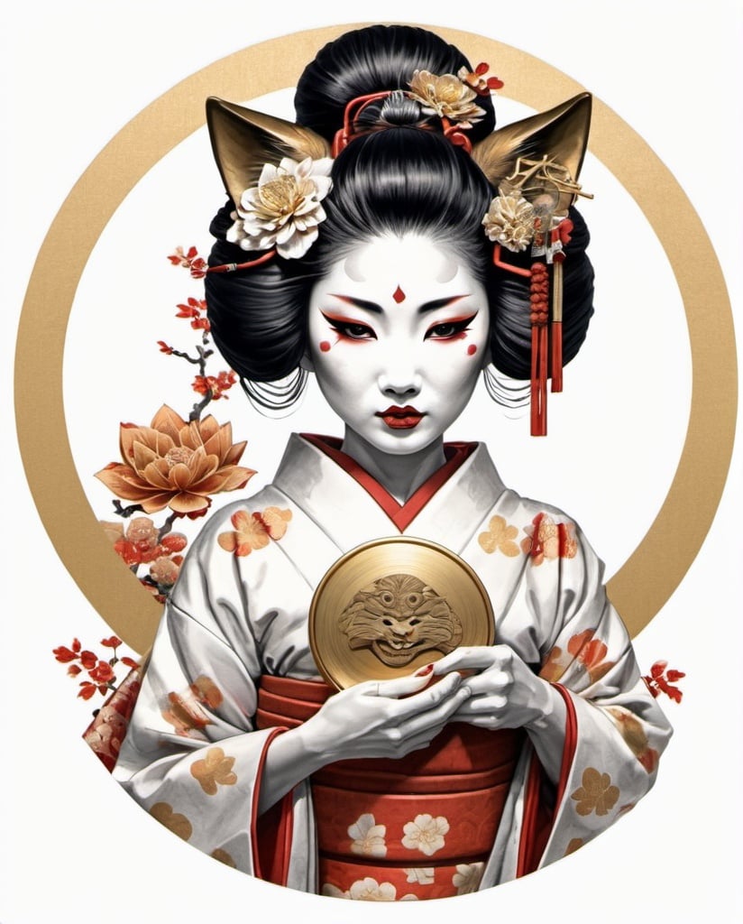 Prompt: geisha holding kitsune kabuki mask, intricate gold circle, white background, color drawing art
