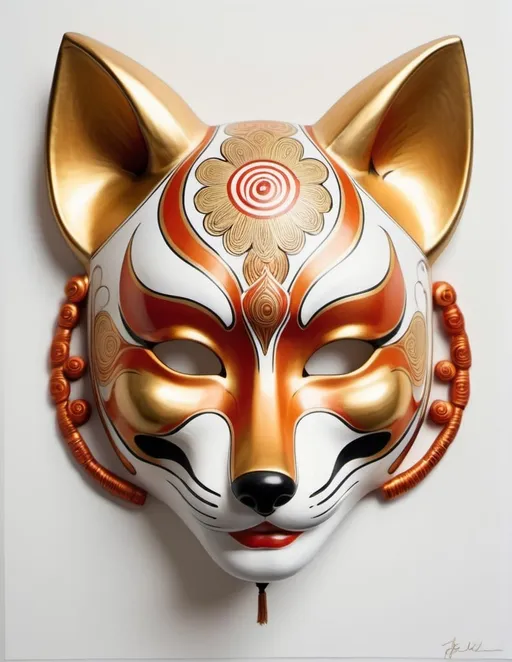 Prompt: fox kabuki mask, intricate gold circle, white background, color drawing art