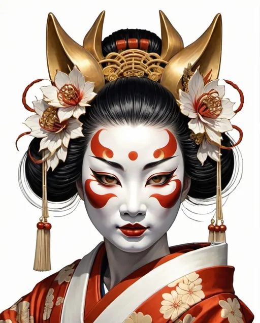 Prompt: kitsune kabuki mask, intricate gold circle, white background, color drawing art, detailed facial features, delicate and graceful pose, traditional Japanese, high quality, detailed, color drawing, gold accents, white background, traditional attire, kabuki mask, intricate details, geisha, elegant, professional, artistic, intricate design, delicate lines, graceful, traditional art