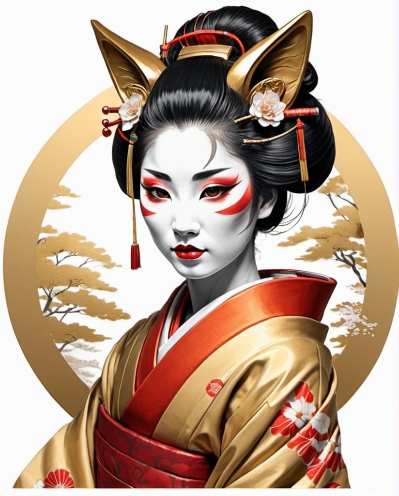 Prompt: geisha with kitsune kabuki mask, color drawing art in gold circle ,on white background