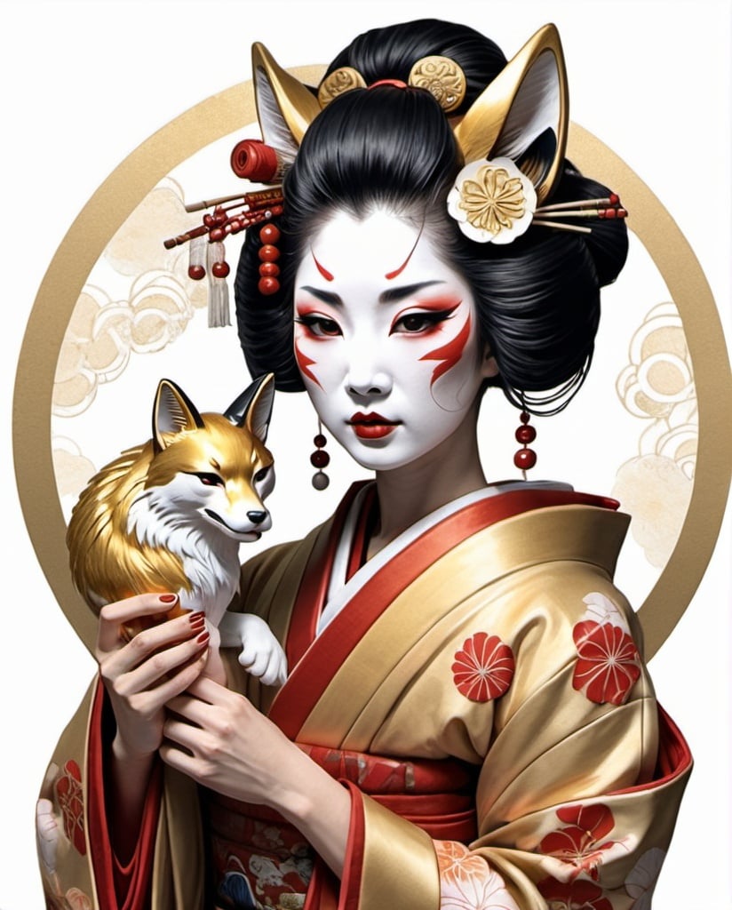 Prompt: geisha holding kitsune kabuki mask, intricate gold circle, white background, color drawing art