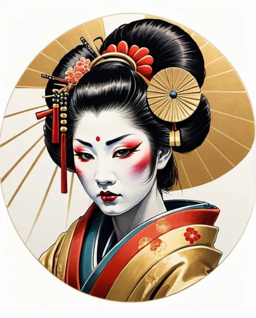 Prompt: geisha half wareing kabuki, color drawing art in gold circle ,on white background