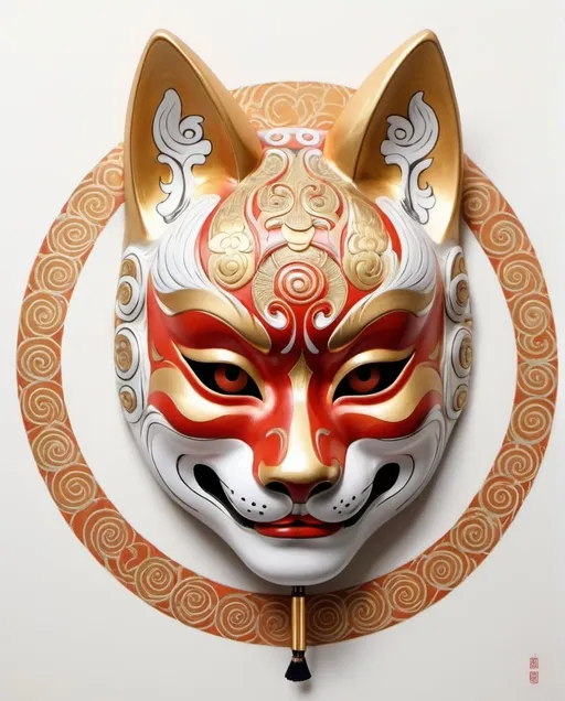 Prompt: kitsune kabuki mask, intricate gold circle, white background, color drawing art